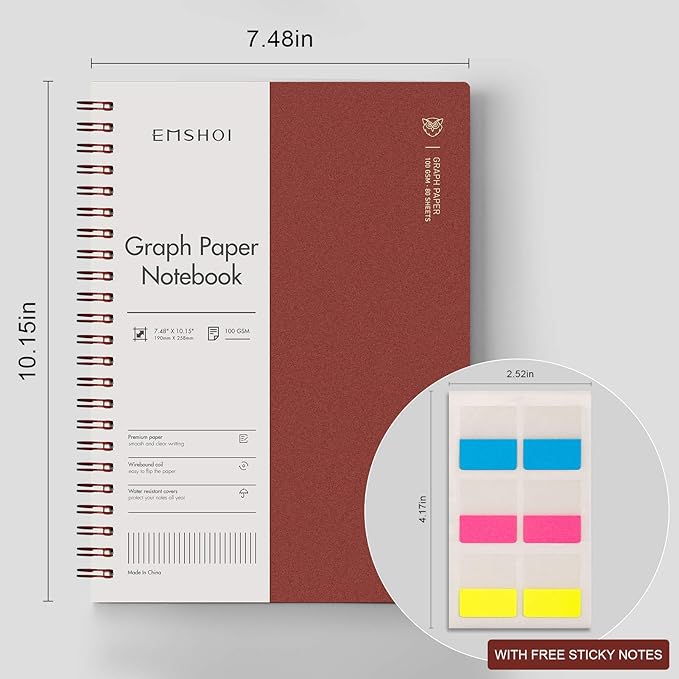 EMSHOI Spiral Graph Notebook, 2 Pack 320 Pages, Large B5 Grid Notebook, 100gsm Thick Paper, Waterproof Flexible Cover, Journal for Writing Engineering Graphing School Office, 7.48" x 10.15"