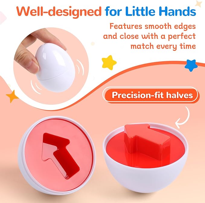 USATDD Matching Eggs for Toddlers Montessori Geometric Eggs Color & Shape Recognition Toy, Fine Motor Skills Shape Sorter Puzzle, Easter Eggs Toys Gifts for Kids, Easter Basket Stuffers