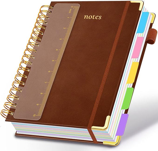 Hardcover Spiral Notebook 8.5"x11" Journal Notebook with Tabs and Removable Dividers 300 Pages 5 Subject Notebook College Ruled, Faux Leather Spiral Bound Notebook for Women School Work (Brown)