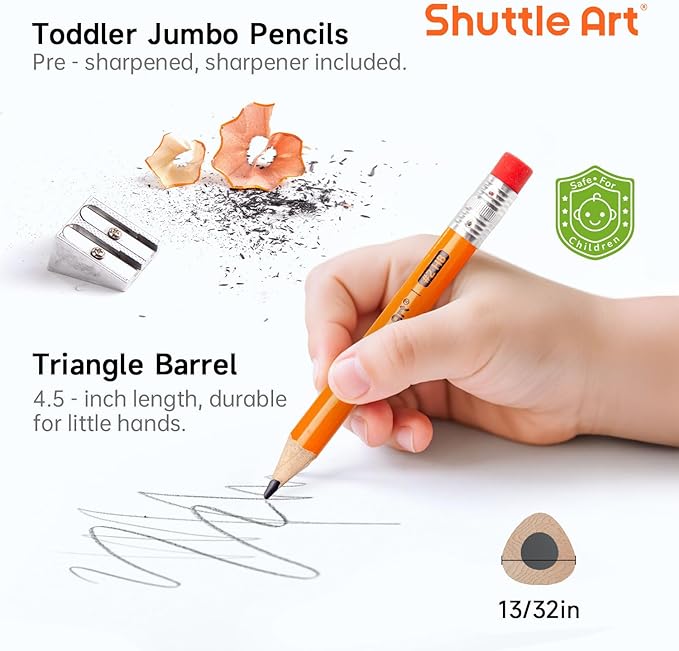 Shuttle Art Jumbo Pencils - 36 Pack Triangle Pre sharpened Pencils #2 HB with Top Erasers & Sharpener, for Kids Ages 4-6, Kindergarten School Supplies, Ideal for Home, Classroom