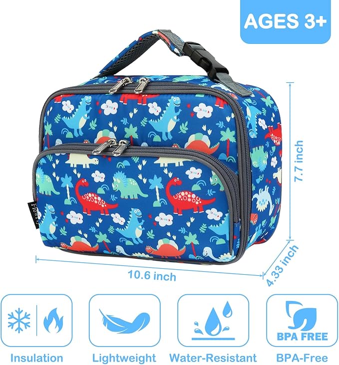 FlowFly Kids Lunch box Insulated Soft Bag Mini Cooer Back to School Thermal Meal Tote Kit for Girls, Boys,Dinosaur