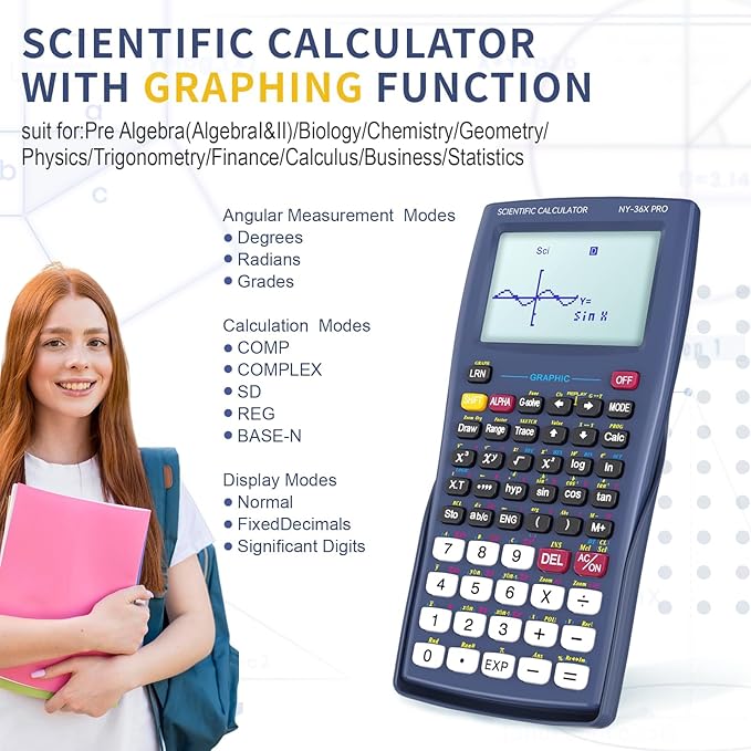 Scientific Calculators with Graphing Function, NEWYES 36X Pro Graphic Science Calculator 360 Functions for Middle and High School Supplies (Blue)