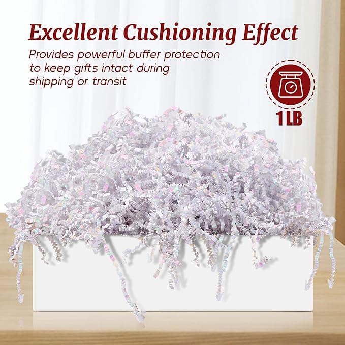 CANIYA 1 LB Iridescent Crinkle Cut Paper Shred Filler, Shredded Paper Filling for Gift Basket, Filler Paper for Birthday, Wedding, Anniversaries (Diamond White)