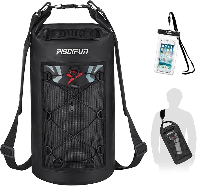 Piscifun Dry Bag, Waterproof Floating Backpack 10L/20L/30L/40L | Waterproof Phone Case, Adjustable shoulder straps, Roll-top closure keeps gear dry, Ideal for Boating, Kayaking, Fishing