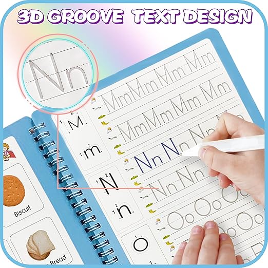 Upgraded Large Size Magic Practice Writing Copybook for Kids, Reusable Copybook Preschool - 4 Books with Pens - Blue Bag