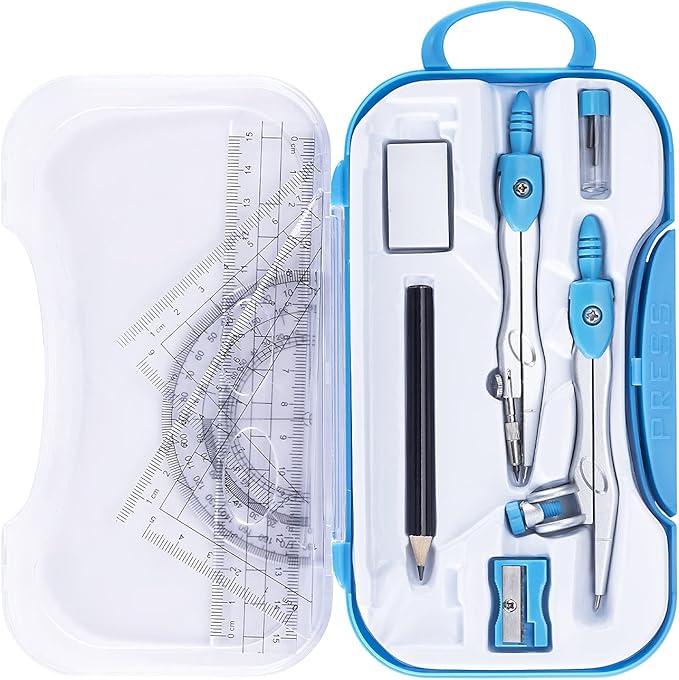 Math Geometry Kit Set 10 Pieces with Shatterproof Storage Box, Student Supplies Drawing Compass Includes Protractor, Rulers, Compass, Pencil Sharpener, Lead Refills, Pencil, Eraser(Blue)