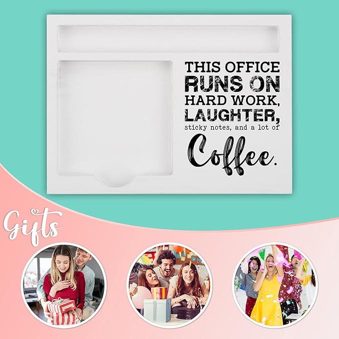 Funny Office Coffee Note Holder Organizer for Desk, White Wood Sticky Note Pad Tray with Quote, Gift for Coworker Boss Teacher Women Men, Work Desk Decor Accessories - FTB322
