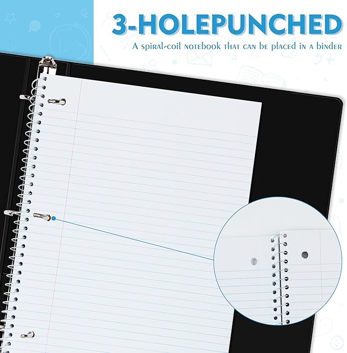 Yeplan Spiral Notebooks 4 Pack, College Ruled Notebook Paper, 1 Subject Notebook for School & Work, 8" x 10-1/2", 70 Sheets per Notebook, 4 Assorted Colors