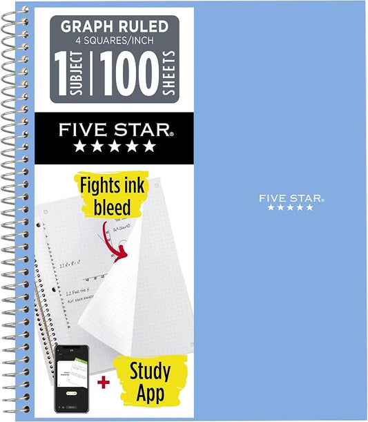 Five Star Spiral Notebook + Study App, 1 Subject, Graph Ruled Paper, 8-1/2" x 11", 100 Sheets, Fights Ink Bleed, Water Resistant Cover, Tidewater Blue (06190AA4), (Pack of 12)