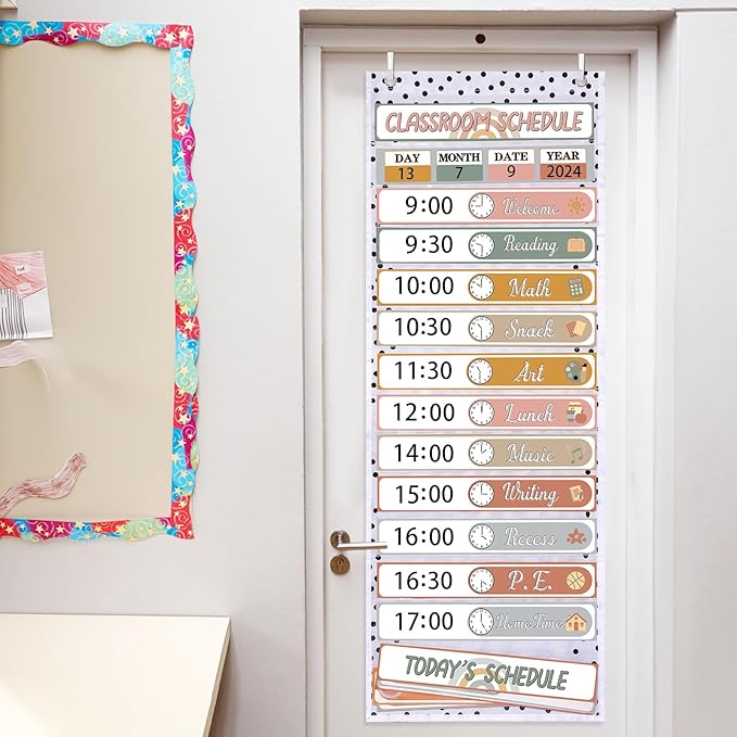 MotiMind Daily Schedule Pocket Chart for Classroom, Calendar Pocket Chart 13+1 Pockets, 21 Reusable Cards for Classroom School 13" x 36" (Soft Color,Boho)