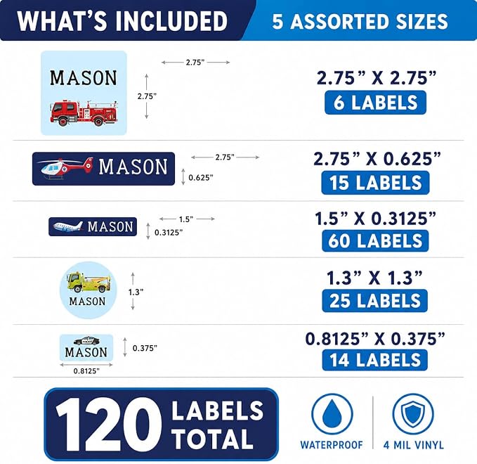 Andaz Press Custom Personalized Waterproof School Name Labels, Calling All Units, 120-Pack, Kids Labels Combo Pack, Customizable Multi-Use Name Stickers for Preschool, Daycare, Supplies, Office
