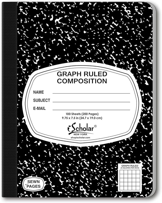 iScholar Composition Book, 100 Sheets, 5 x 5 Graph Ruled, 9.75 x 7.5-Inches, Black Marble Cover (11100)