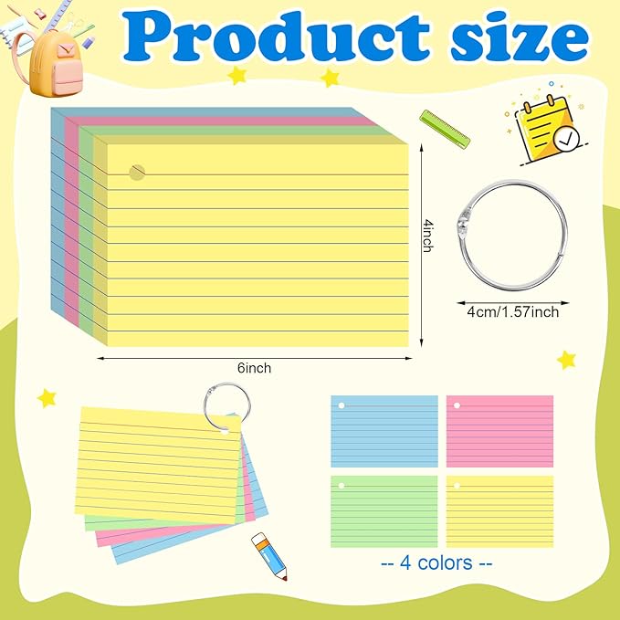 Colored Index Cards 4x6 Inch Flash Cards with Ring Lined Flashcards Heavyweight Note Cards for Studying School Supplies, 148 Count