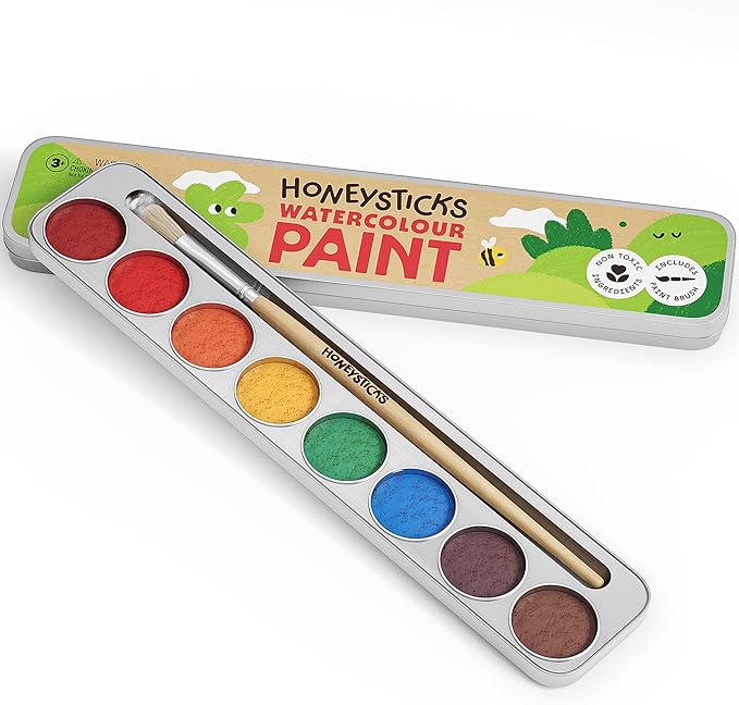 Honeysticks Non-Toxic Watercolor Paint Set for Kids and Toddlers - 8 Vibrant and Long Lasting Colors with Brush - Natural and Food Grade Ingredients - Child Safe Art Supplies - Great Gift Idea