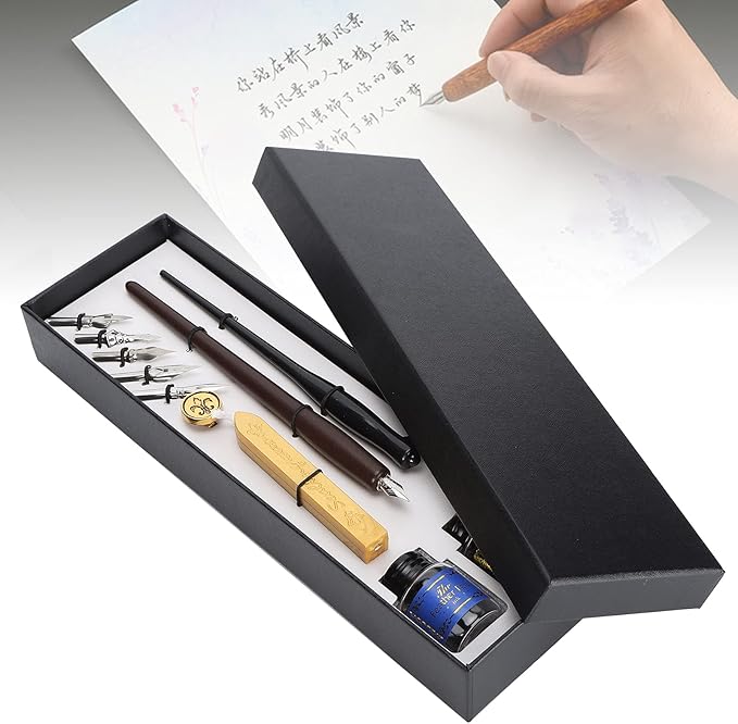 Wood Handle Calligraphy Pen Set, Fountain Dip Pen with 5 Nibs, Ink Writing Tool Kit for Beginners, Includes Wax Seals Stamp and Empty Ink Bottles for Artistic Painting and Letterin (Thick Wooden Pole