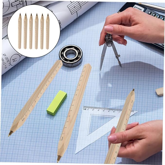 6pcs Black Ballpoint Pens with Wooden Ruler Design, Biodegradable Natural Wood Material, Engravable Signature Pens for Office and Woodwork Marking
