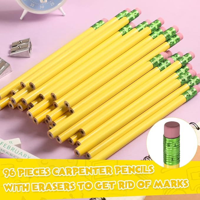 Fainne 102 Pieces Jumbo Pencils Set for Kids Toddlers 96 Thick Fat Large Pencils with Erasers 6 Sharpeners Bulk for Preschool Kindergarten Elementary School Classroom(Yellow,Round)