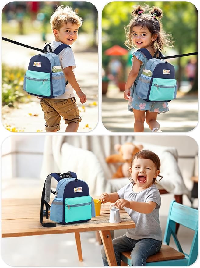 Toddler Backpack with Leash for Boys Girls Kids Kindergarten Nursery, 11” Baby Leash Backpack with Reflective, Toddler Bookbag with Anti-Lost Harness for Walking, Mint Blue