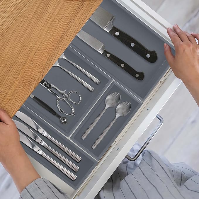 PRATIQUE Bamboo Drawer Organizer - Kitchen Utensil Organizer Silverware Tray Cutlery Holder，Office Desk Supplies and Accessories,5.9 * 3 * 2.6,Grey