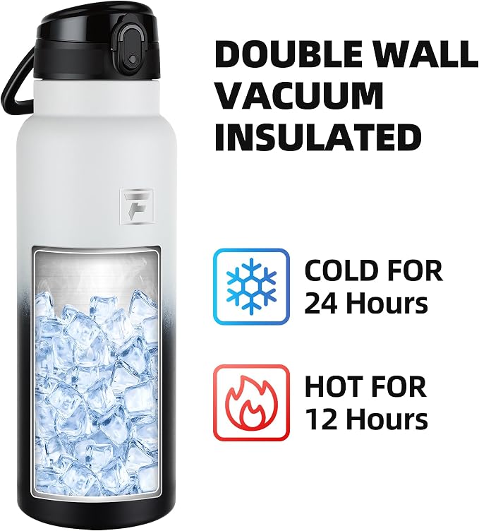 Fanhaw 40 Oz Insulated Stainless Steel Water Bottle with Chug Lid – Wide Mouth, Leak-Proof, BPA-Free – Ideal for Kids, Adults, Sports, Gym, and Outdoor Use (White Black)
