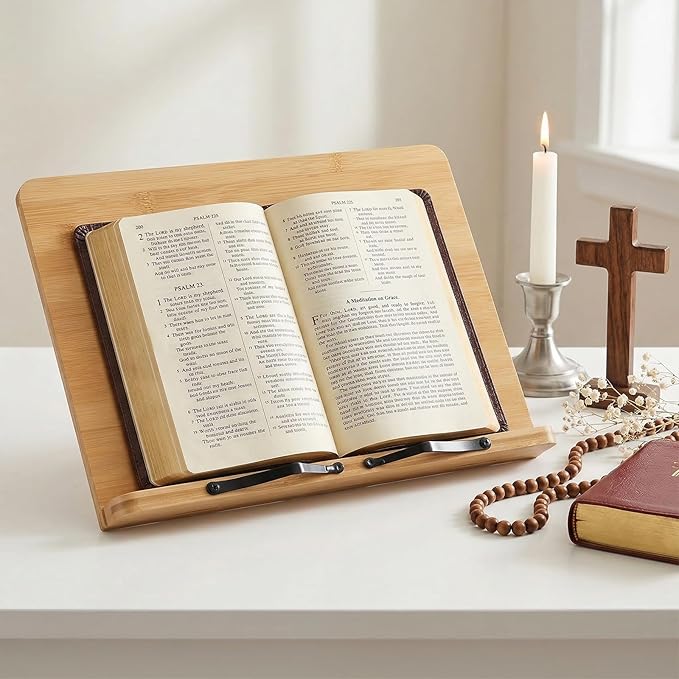 Large Bamboo Book Stand for Reading Hands-Free, Adjustable Height & Angle Bible Stand, Portable Foldable Holder for Textbooks, Cookbooks, Tablets, and More (15.4 x 11 Inches)