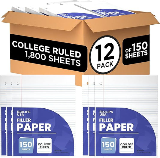 Loose Leaf Paper College Ruled Notebook Paper College Ruled Lined Writing Filler Paper 10.5” x 8” 1800 Sheets 150 Sheets Per Pack 60 gsm (12 Pack)