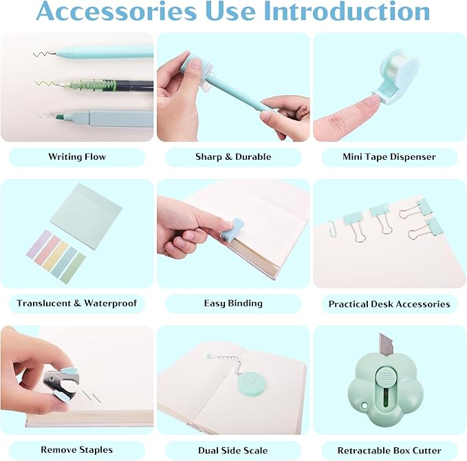 Mini Office Supplies, Teal Stapler with Staples and Tape Dispenser Set, Mini Stationary Kit Includes Sticky Notes Index Tabs Highlighters Gel Pens for Office & School Supplies (Teal)