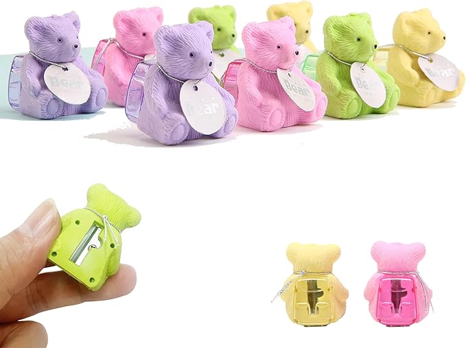 HILAZA 8Pcs Cute Backpack Bear Erasers Desk Petski, Kawaii Fun Animal Erasers with Pencil Sharpener for School Classroom Supplies Prize Gifts Party Favors