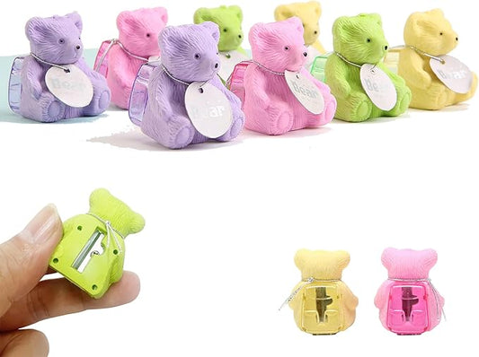 HILAZA 8Pcs Cute Backpack Bear Erasers Desk Petski, Kawaii Fun Animal Erasers with Pencil Sharpener for School Classroom Supplies Prize Gifts Party Favors