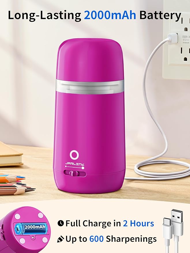 JARLINK Automatic Electric Pencil Sharpener - Hands-Free Operation, 3 Sharpness Modes, 3-Second Sharpening, Rechargeable & Portable for 7-12mm Pencils, Ideal for Classroom and Home Use (Pink)