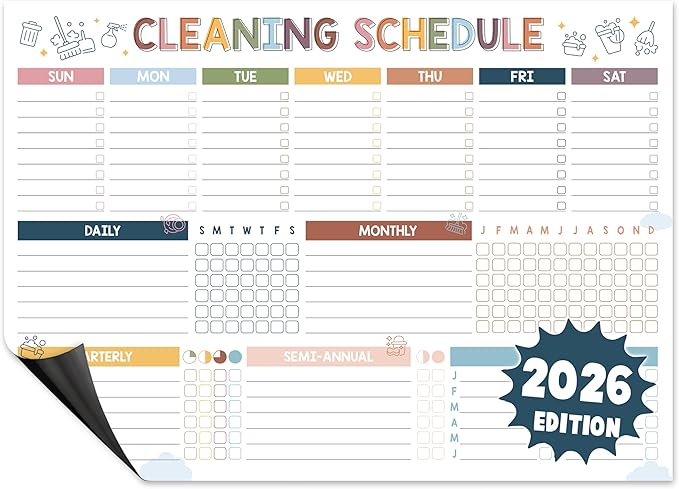 Magnetic Cleaning Schedule and Checklist Dry Erase Board - Reusable Cleaning Schedule for Home, Kitchen & Bathroom | Weekly & Monthly Chore Chart for Adults, Strong Magnet, Easy Erase