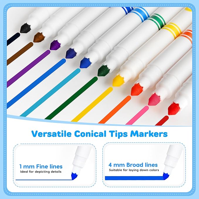 Officygnet 160 Count Washable Markers Bulk, 10 Assorted Colors, Conical Tip with Fine & Broad Line Coloring Marker for Kids, Markers Bulk for Classroom, School Art Supplies, Back to School Essentials