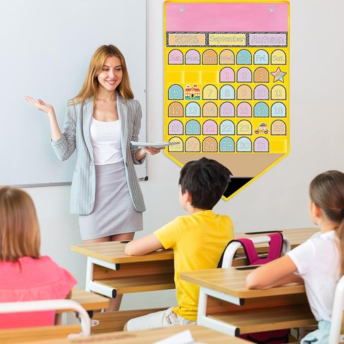 AnyDesign Pencil Calendar Pocket Chart with 80 Reusable Back to School Cards Learning Circle Time Calendar Classroom Daily Schedule Pocket Chart for Homeschool Preschool Office Teacher Supplies