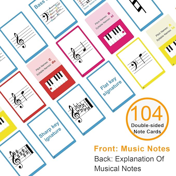 Piano Staff Notes Flashcards, Piano Staff Theory and 104 Sheets Flash Cards, Fun Educational Flashcards for Piano, Music Learners