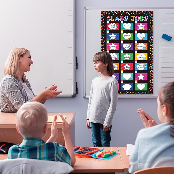 Class Jobs Pocket Chart Classroom Management and Teacher's Helper Bulletin Board Decoration Educational Schedule Board Pocket Chart with Name Tags for School Classroom Chalkboard Wall Decor