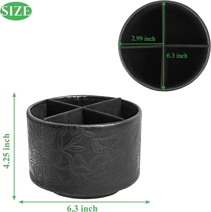 Round Leather Art Supply Organizer,Remote Control Holder,360 Degree Spinning,Multi-Functional Pencil Holder,4 Compartments Desktop Stationary Organizer(1-Carved Black)