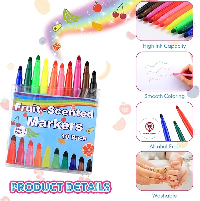 16 Pack Fruit Scented Washable Markers Bulk, 160 Count 5.2 Inch Coloring Markers, 10 Colors Art Supplies Birthday Gifts Must Haves and Reward