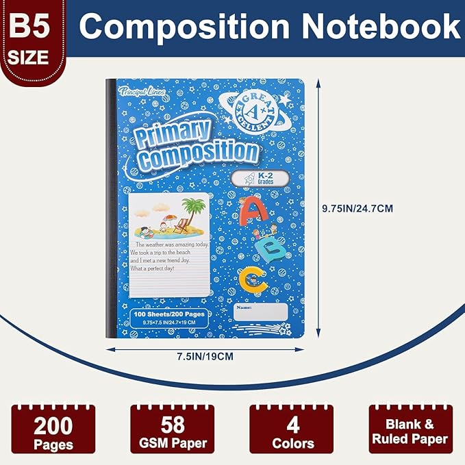24 Pack Primary Composition Notebook K-2, Primary Ruled Journal, Draw and Write Journal for Kids, Notebook School Supplies for Students, Hard Cover, 200 Pages(100 Sheets)