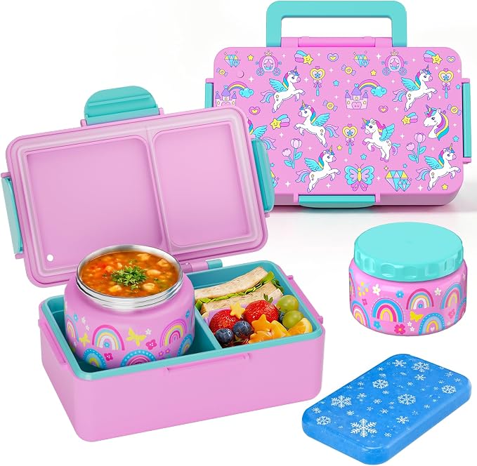 Bento Lunch Box for Kids–3 Compartment Leak Proof Insulated Lunch Container | Unicorn Design Lunch Box-With 12oz Stainless Steel Food Soup Jar & Built-in Ice Pack Bento Box for Boys Girls School Travel