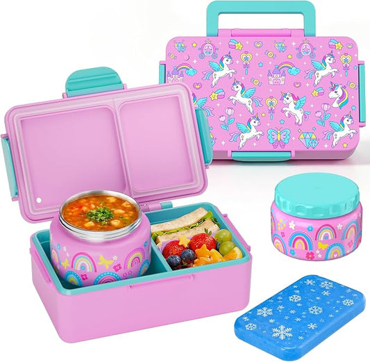 Bento Lunch Box for Kids–3 Compartment Leak Proof Insulated Lunch Container | Unicorn Design Lunch Box-With 12oz Stainless Steel Food Soup Jar & Built-in Ice Pack Bento Box for Boys Girls School Travel