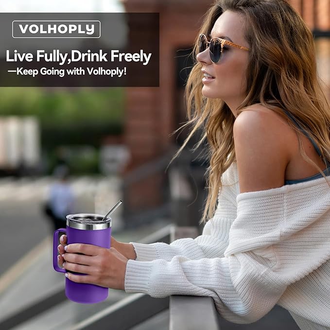 Volhoply 22oz Insulated Stainless Steel Coffee Mug with Leakproof Lid,Double Wall Vacuum Travel Coffee Cup with Handle,Reusable Metal Tumbler,Camping Mugs Keep Hot&Cold(Purple,1)