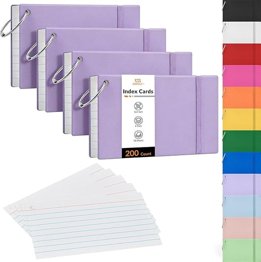 NEEWAY Ruled Index Cards with Ring 3x5 Inches, 200 Count Note Cards Lined, Flash Cards with Rings for Studying, Home and Office (Light Purple)