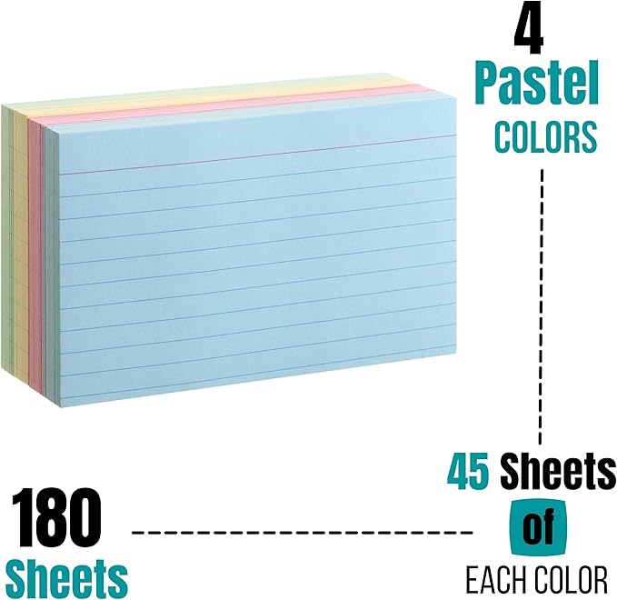Mr. Pen- Pastel 3" x 5", 180 Lined Index Cards, Note Cards, Flash Cards, Study Cards, Notecards for Studying, Ruled Flashcards for Studying