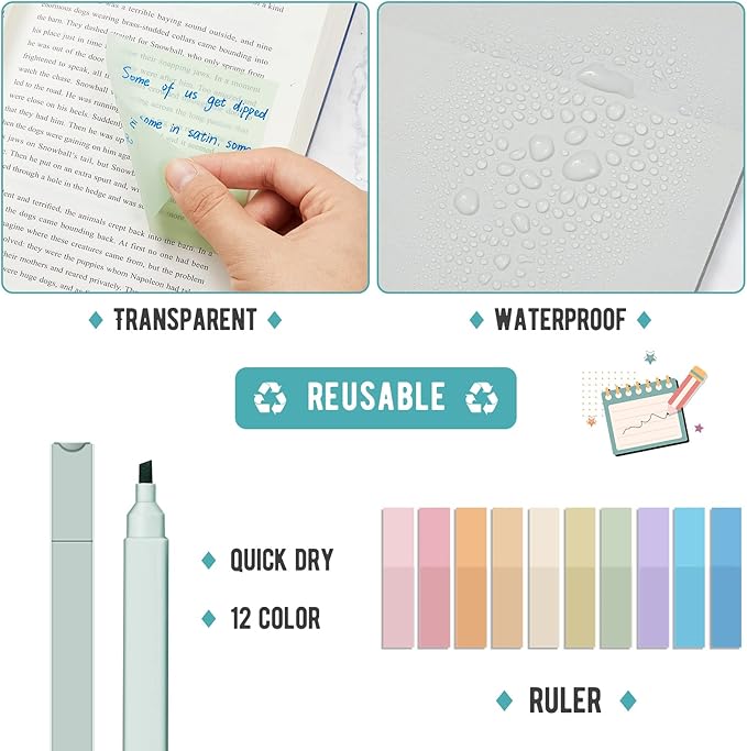Lincia Book Annotation Kit Including 1200 Sheets Transparent Sticky Notes Index Tabs and 12 Pcs Aesthetic Pastel Cute Highlighter Set Assorted Color Clear Sticky Tabs for School Office