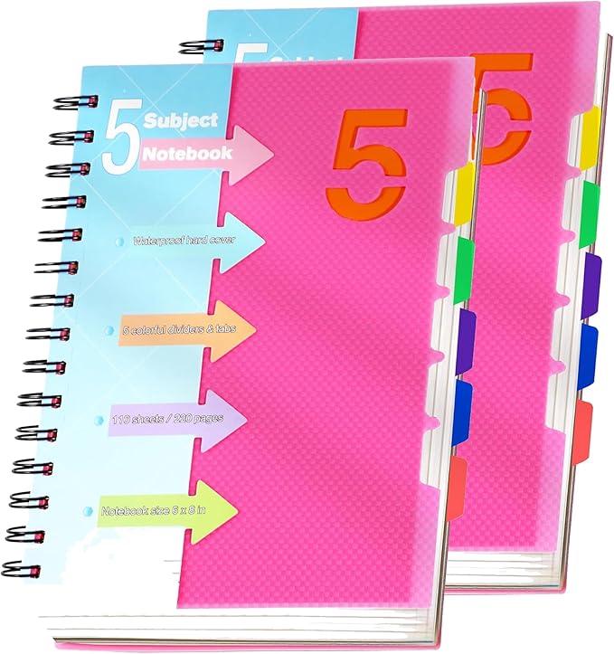 CAGIE 2 Pack 5 Subject Notebook with Dividers 220 Pages Spiral Notebooks with Tabs 6x8 A5 Spiral Bound Journal for Note Taking Work School Supplies,Pink