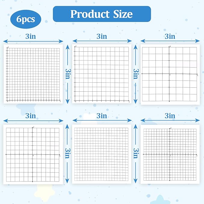 6 Packs Graph Paper Sticky Notes 300 Sheets 3 x 3 Inch Mini Graph Pads 20 x 20 Four Quadrant X Y Axis Coordinate Plane Post It Adhesive Grid Sticky Notes for Office School Math Supplies（6style）