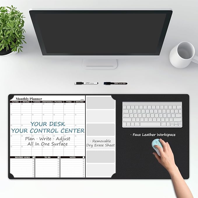 JJPRO Dual-Layer Black Dry Erase Desk Mat,Large Multi-Use Dry Erase Desk Calendar,Dry Erase Desk Pad,Double-Sided Faux Leather Desk Pad,Reusable Large Mouse Pad for Office, Home-16"x34"
