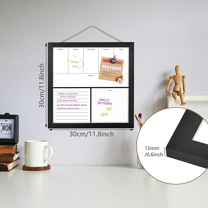 Umtiit Weekly Calendar Dry Erase Whiteboard 11.8 x 11.8 inch(30 x 30 cm), Black Wood Frame, Magnetic Surface Whiteboard for Planning/Schedule/School Timetable/Memo(ZLBB-3030BK,US)