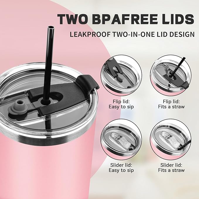 30 oz Tumbler with Lids and Straws, Stainless Steel Insulated Coffee Tumbler, Double Wall Vacuum Insulated Travel Mug Cup, Leakproof Thermal Coffee Cup for Hot and Cold Drinks (Light Pink)