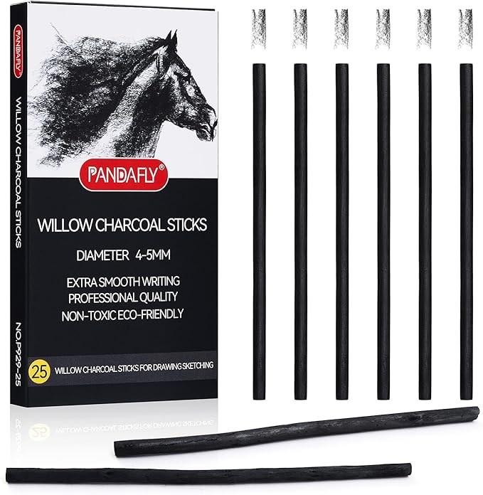 PANDAFLY Willow Charcoal Sticks, Soft, Black Artist Vine Charcoal for Artists, Beginners, Students, Great for Sketching, Drawing, Shading and Fine Art, 4-5mm, 25 Pack
